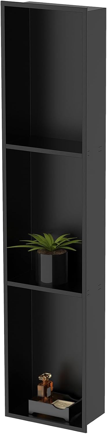 Stainless Steel Bathroom Niche (8x36 inches, Matte Black Three Tiers) – Tile-Free Embedded Installation