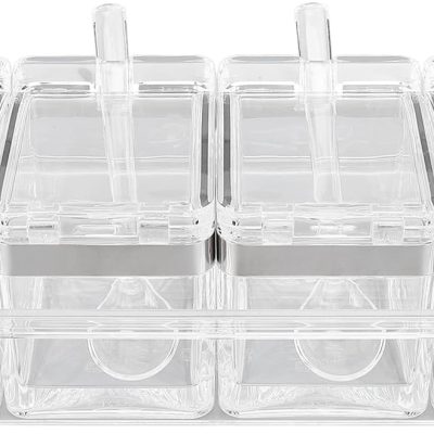 4 Cell Clear Seasoning Rack, 10.0x3.3x3.1 In Acrylic Condiment Jars Storage Container Seasoning Box With Cover Spoon For Kitchen