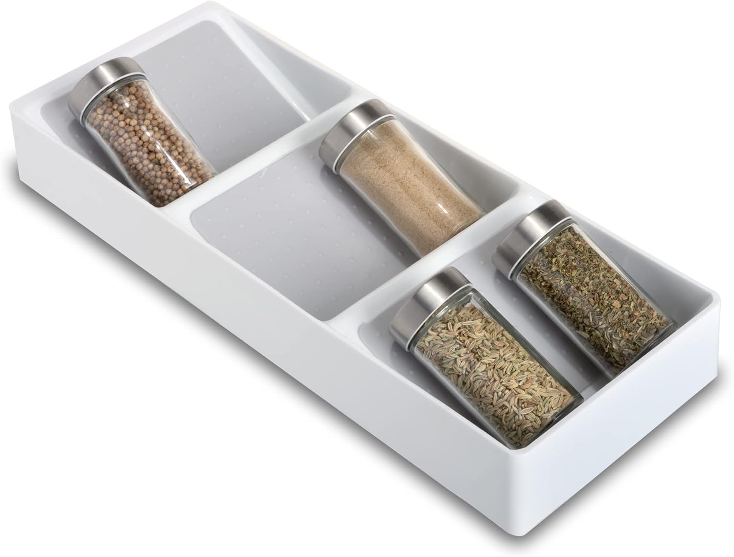 3 Section Plastic Spice Rack Drawer - Non-Slip Lining and Feet - BPA Free - Seasoning Jars, Makeup Storage, Countertop Bottle Tray, 3 Tier - Pantry Kitchen Organizer - White with Gray