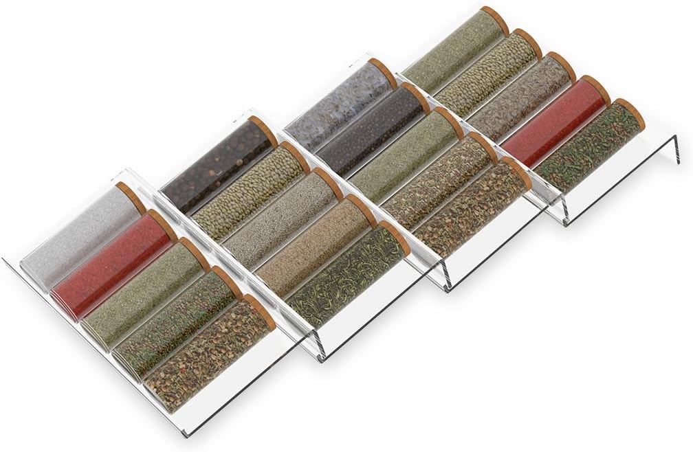 Expandable Acrylic Spice Drawer Organizer – 4-Tier Clear Seasoning Rack Insert for Kitchen Drawers, Adjustable from 9" to 18", Fits Most Spice Jars (Jars Not Included) 4-Pack