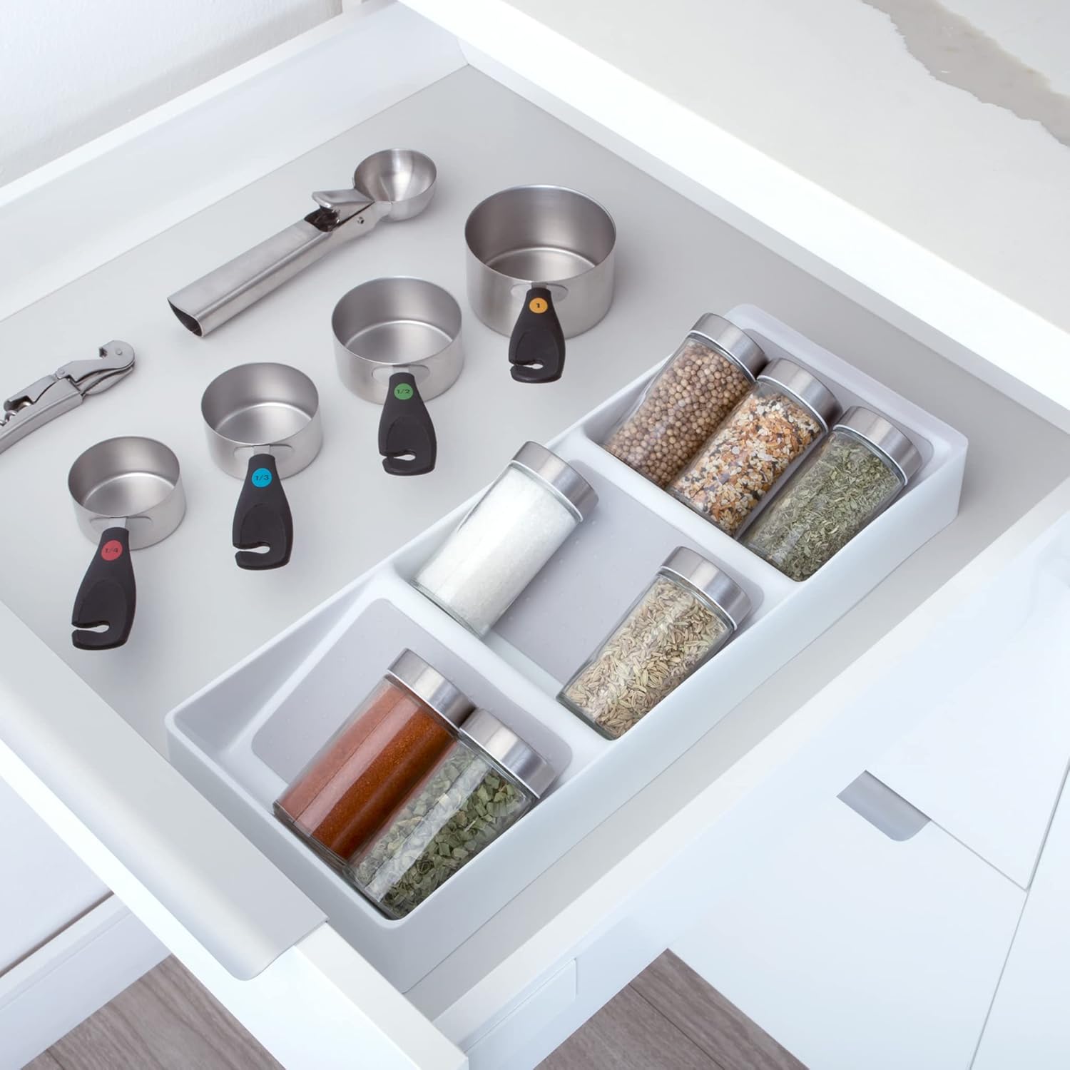 3 Section Plastic Spice Rack Drawer - Non-Slip Lining and Feet - BPA Free - Seasoning Jars, Makeup Storage, Countertop Bottle Tray, 3 Tier - Pantry Kitchen Organizer - White with Gray - Image 2