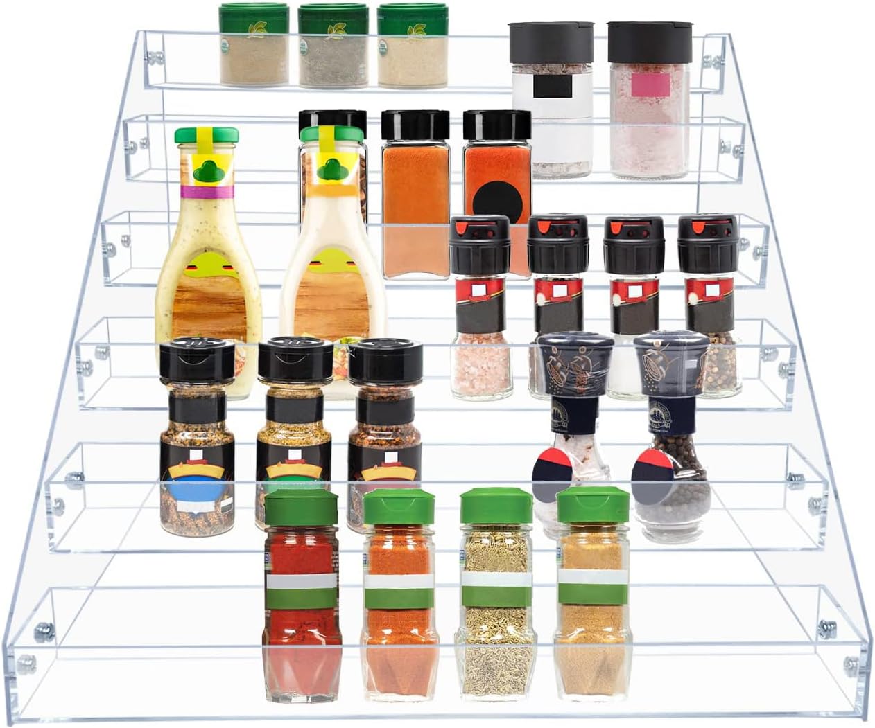 Tiered Spice Rack, Seasoning Organizer, Clear Acrylic Vertical Shelves Can Organizer for Countertop, Cabinet, Pantry, Kitchen Organization and Storage - 6 Tier
