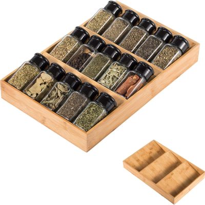 3-Tier Bamboo Drawer Spice Rack Wooden Kitchen Cabinet Spice Organizer Spice Jar Holder, Medicine/Health Care/Vitamin Bottles Storage Rack (Pre-Measure Drawer Dimensions), 1 Pack Drawer Rack