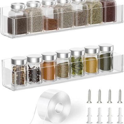 Adhesive Acrylic Spice Rack Organizer for Wall with Nano Double Sided Tape, Spice Shelf Organization for Kitchen Cabinet Door/Pantry Door, Wall Mount Seasoning Rack (Clear-2 Pack)